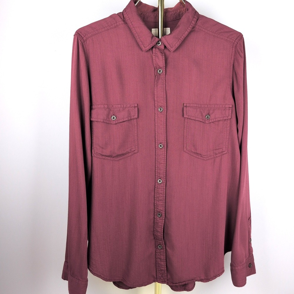 Mudd Women XL Button Down Shirt Burgundy Rayon Long Sleeve Utility Pocket